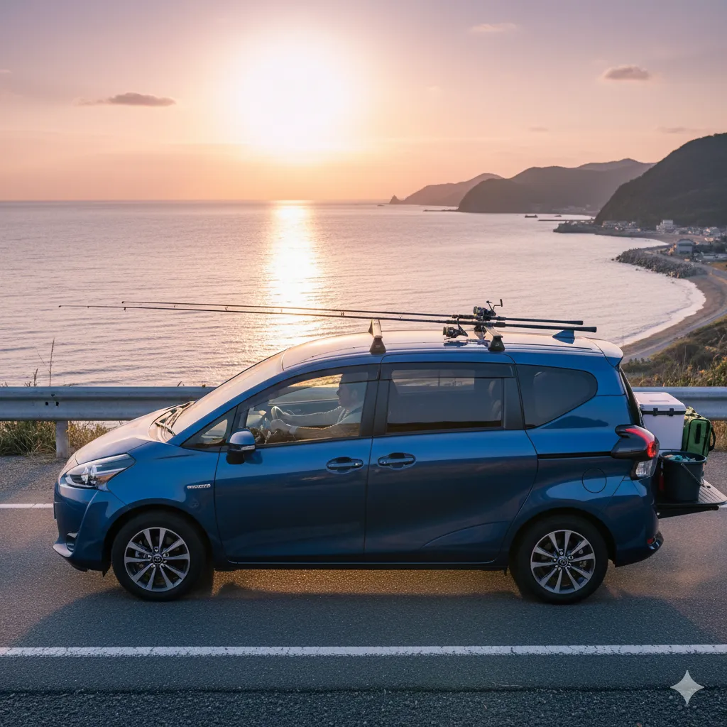 シエンタが美しい海岸線を走行し、その先に広がる海に向かっていく様子。車内には釣り道具が積まれており、釣りの冒険が始まる期待感が表現されている。