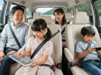 家族でシエンタに乗って長距離ドライブ中に、後部座席の子供たちがタブレットやスマートフォンで楽しそうにWi-Fiを利用している様子。