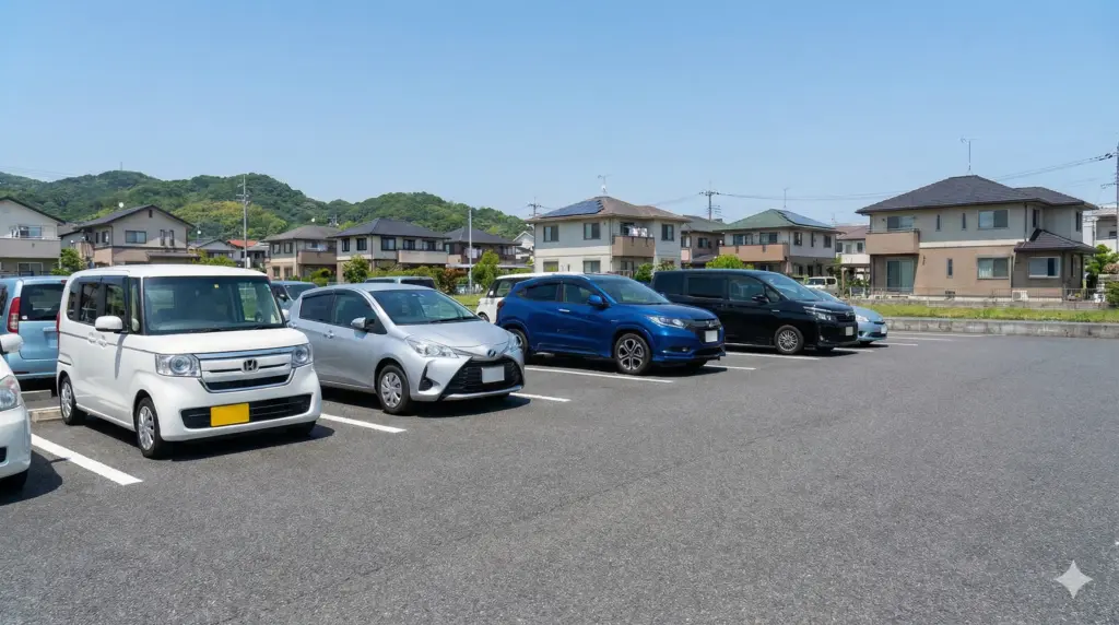日本の郊外にある駐車場に、軽自動車、コンパクトカー、SUV、ミニバンなど、様々な種類の国産車が並んで駐車されている様子。