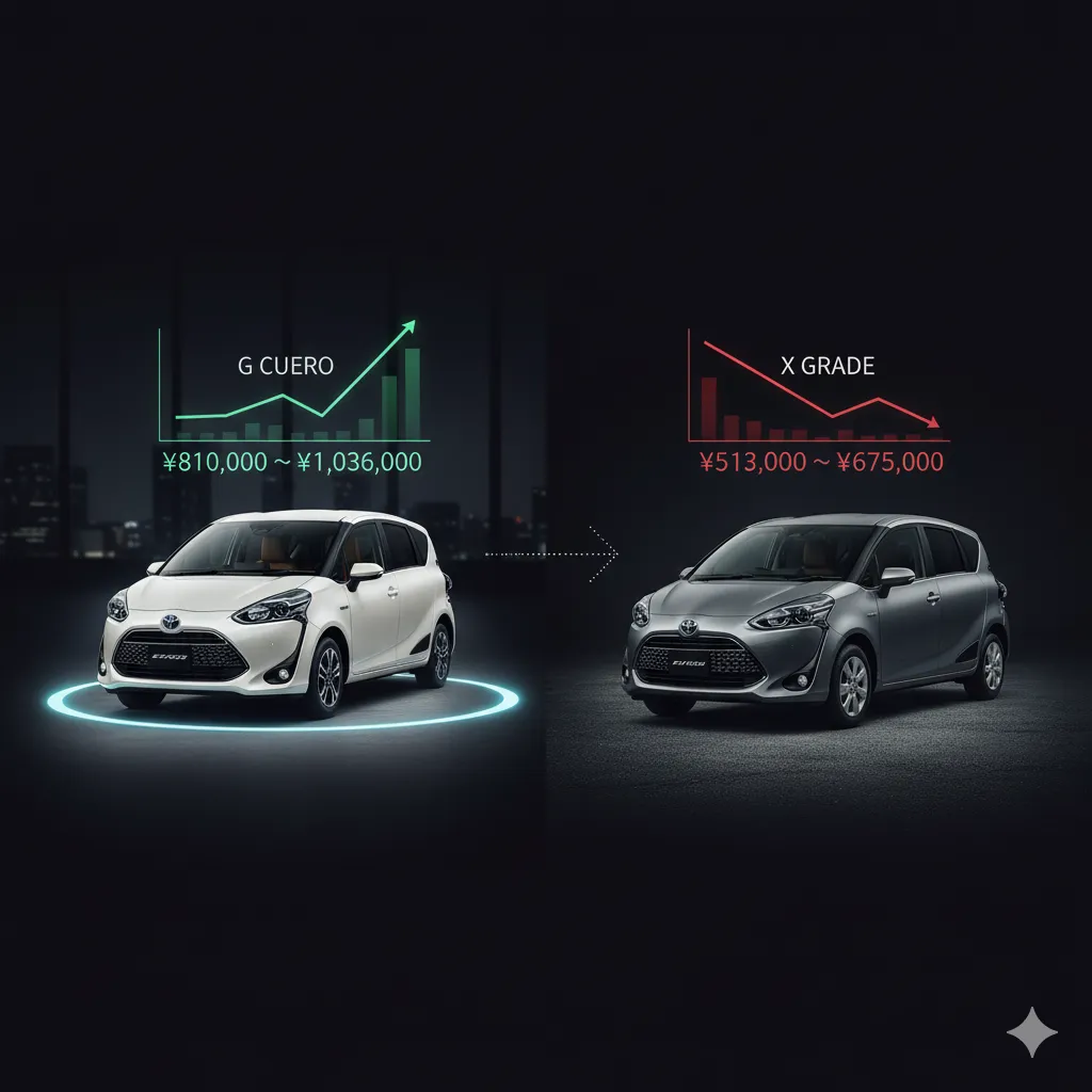 白いシエンタ「G Cuero」とグレーのシエンタ「Xグレード」が左右に並び、それぞれ異なる査定額と価格推移のグラフが表示されている。G Cueroは高い価格帯を、Xグレードは低い価格帯を示している。