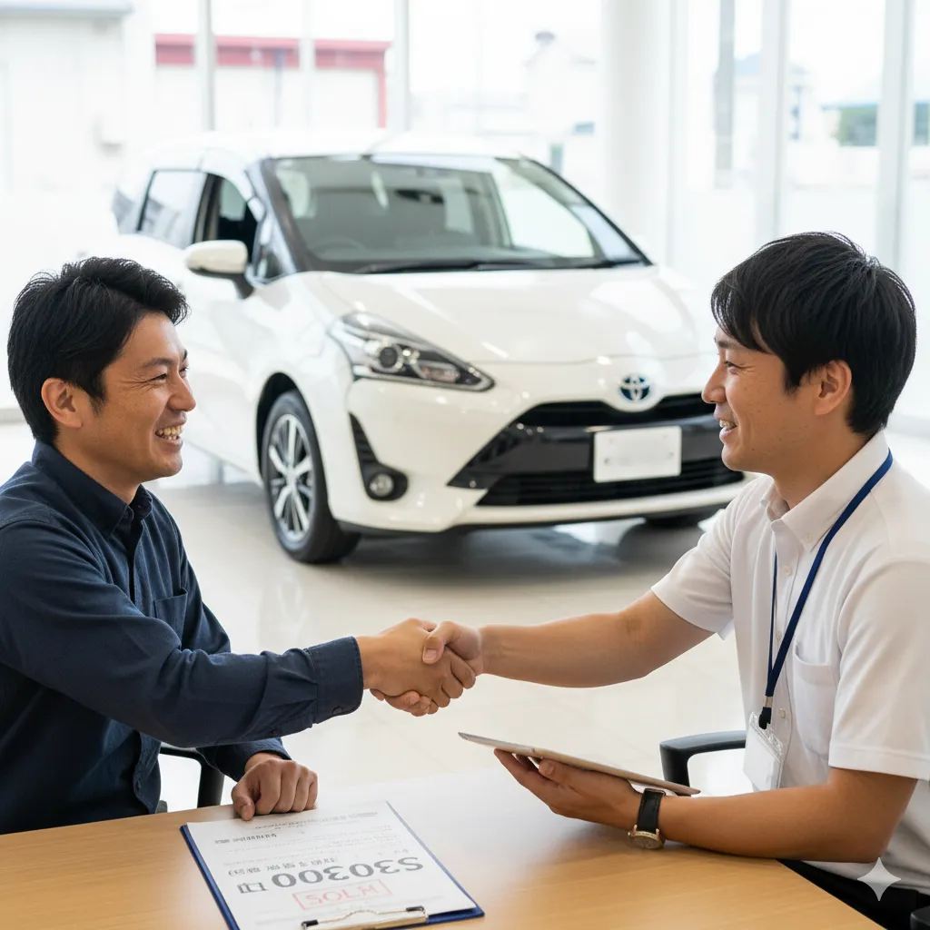 シエンタの高額買取査定に満足し、買取業者の日本人スタッフと笑顔で握手を交わす日本人オーナー。