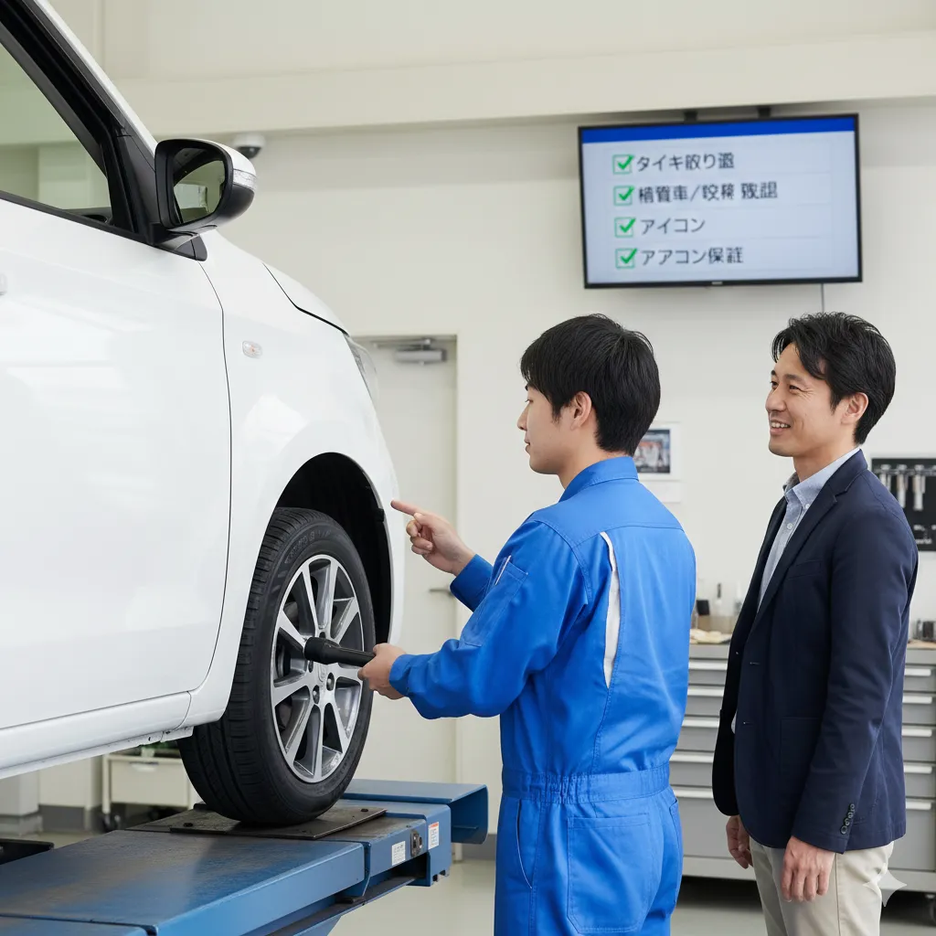 整備工場で、車のタイヤを点検している日本人整備士と、その説明を笑顔で聞いている日本人男性。背後にはチェックリストが表示されたモニターがあり、車両の状態確認や保証内容が網羅されている様子。