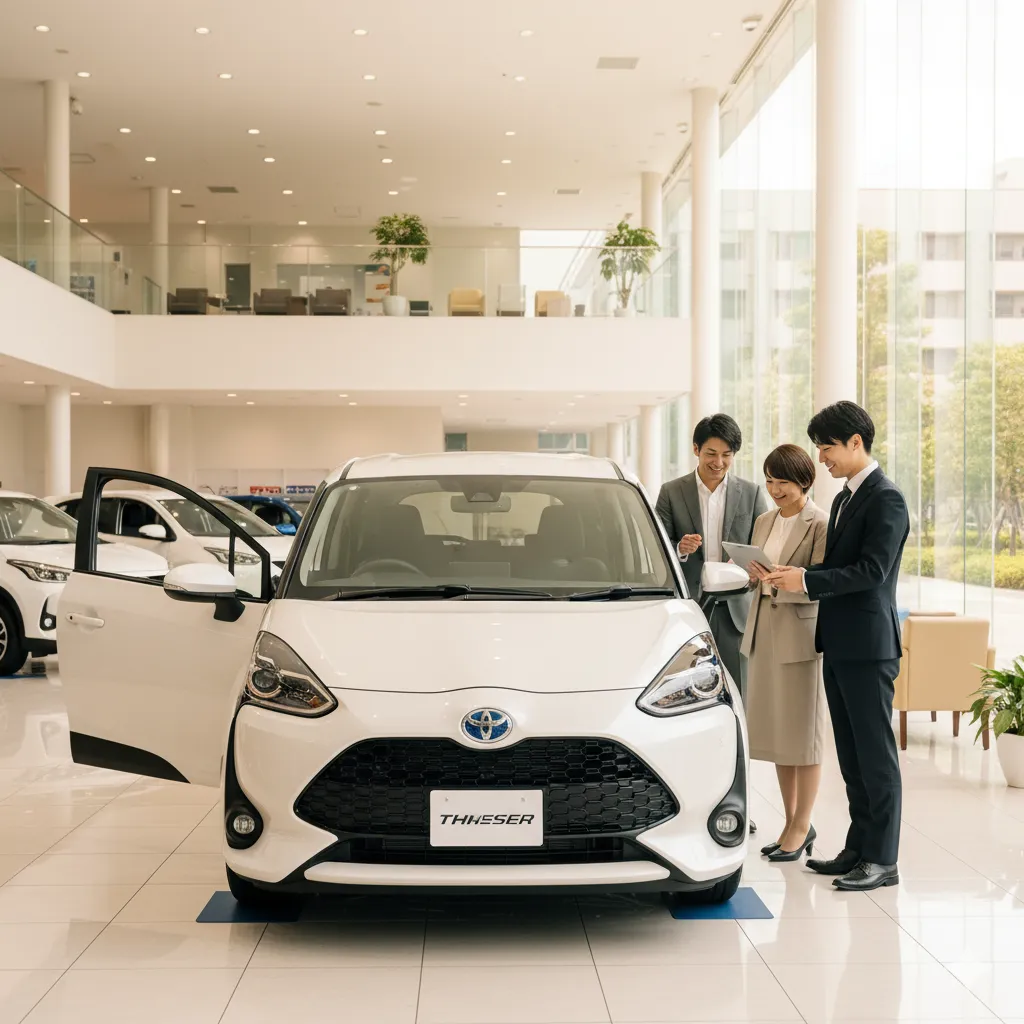 自動車ディーラーのショールームで、新型シエンタ（白）を前に、日本人夫婦が営業担当者からタブレットで説明を受けている。