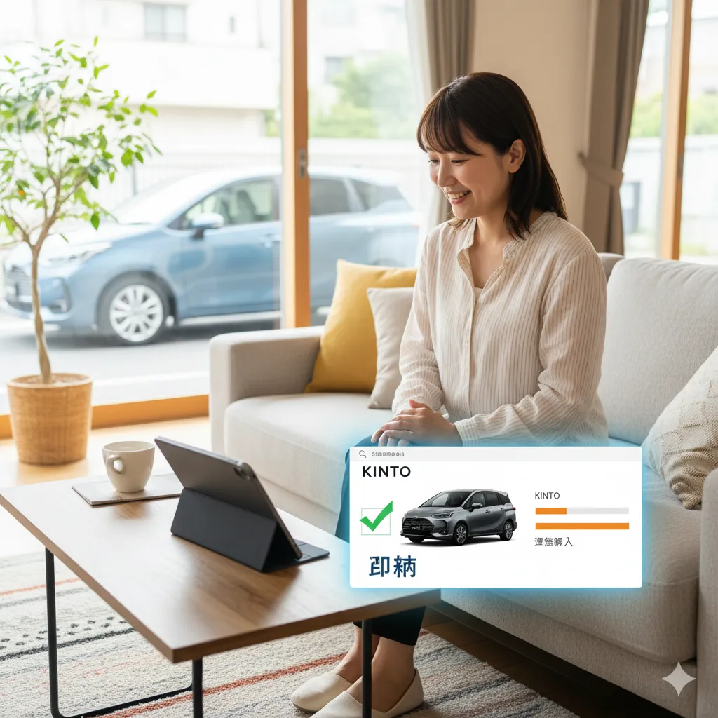自宅のリビングでノートパソコンを使い、納期が早いKINTOの契約を検討し満足している日本人女性。