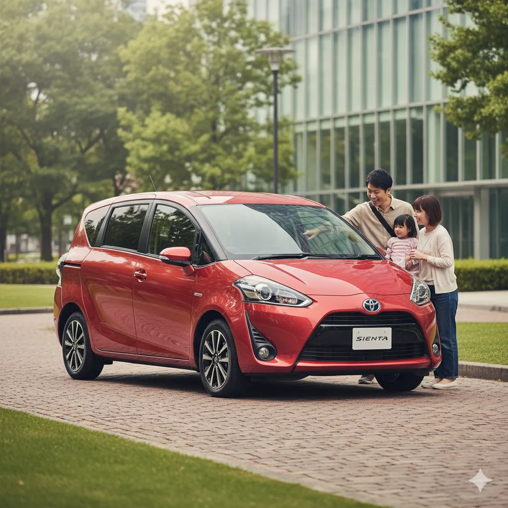 レッドマイカメタリック(3T8)のシエンタと、それを笑顔で囲む日本の家族の側面からの写真。