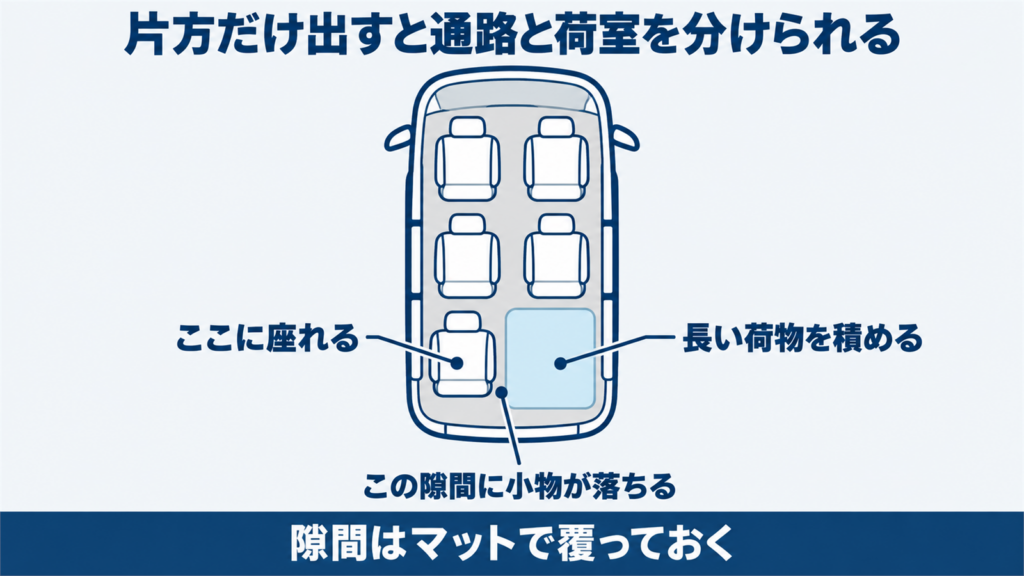 シエンタの3列目を片方だけ出して反対側を荷室にしたときの座席配置を真上から示した図