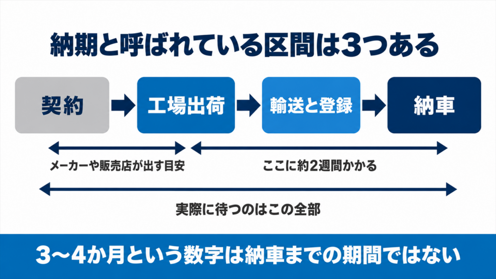 契約から納車までの区間を4つの段階に分けて示した流れ図
