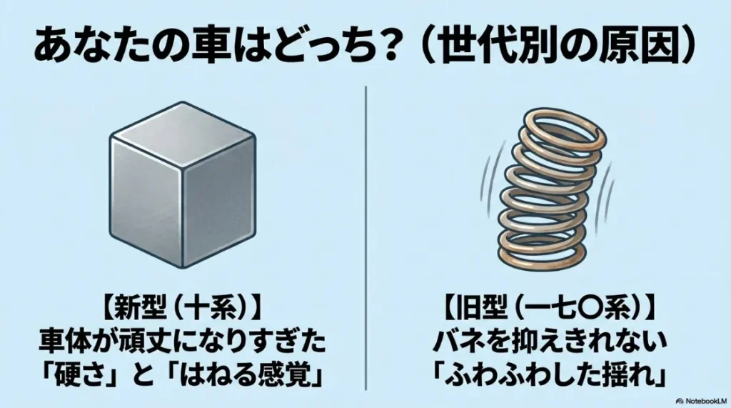 新型10系の硬さと跳ね、旧型170系のふわふわした揺れの違いを解説したスライド。