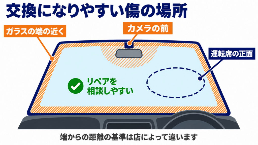 ガラスの端とカメラの前と運転席の正面を示したフロントガラスの図