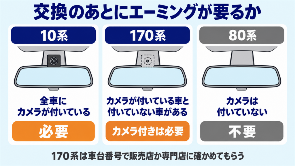 10系と170系と80系でエーミングの要否を比べた図
