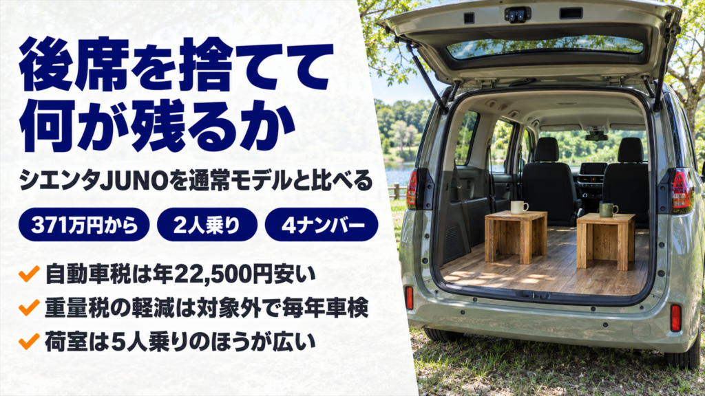 バックドアを開けた2人乗りミニバンの木目の荷室にスツールを置いた写真