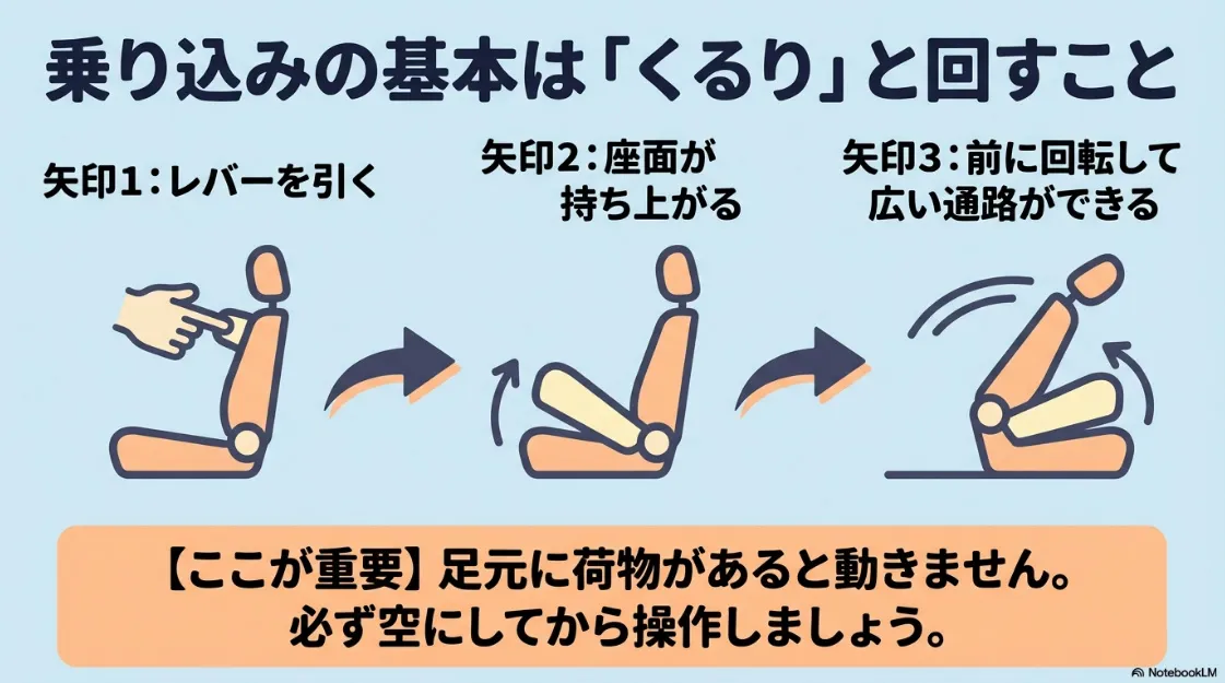 2列目シートを跳ね上げる「タンブル機構」の操作図解。レバーを引き、座面を持ち上げて前方に回転させる手順と、足元に荷物を置かない重要性の解説 。