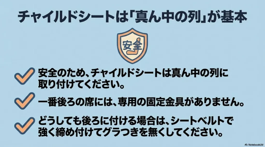 チャイルドシート設置の安全ガイド。基本は真ん中の列に設置し、3列目に設置する場合はシートベルトで強く締め付ける必要がある旨の解説