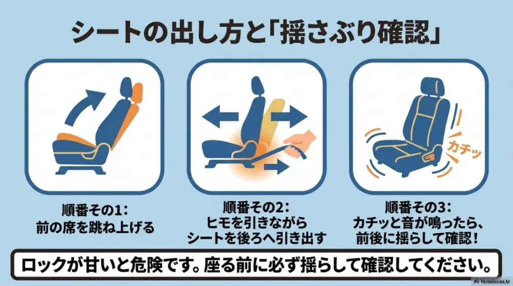 3列目シートの出し方と固定確認。ヒモを引きながらシートを引き出し、カチッと音が鳴ったら前後に揺らしてロックを確認する手順