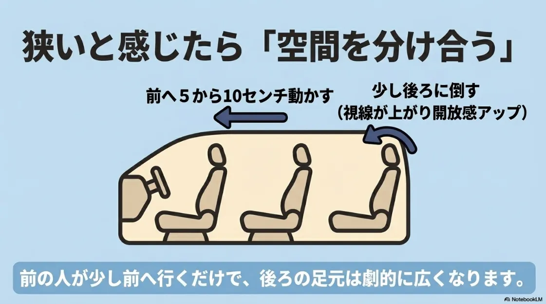 車内空間を分け合う工夫の図解。2列目を5〜10cm前に動かし、3列目の背もたれを少し倒すことで開放感をアップさせる方法 。