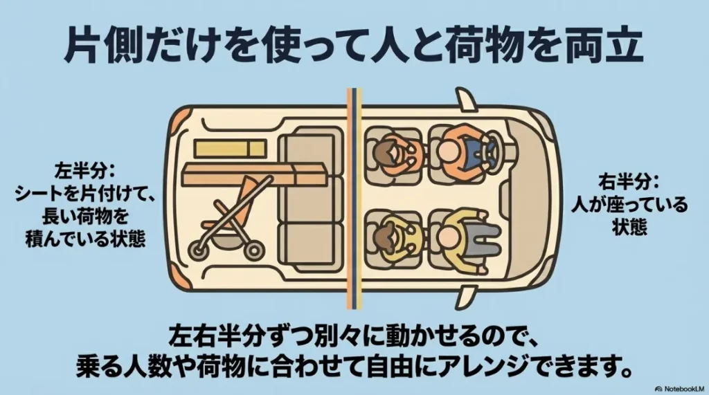 3列目シートの左右分割アレンジ例。片側を収納して長い荷物を積み、もう片側に人が座ることで利便性と乗車人数を両立する様子 。