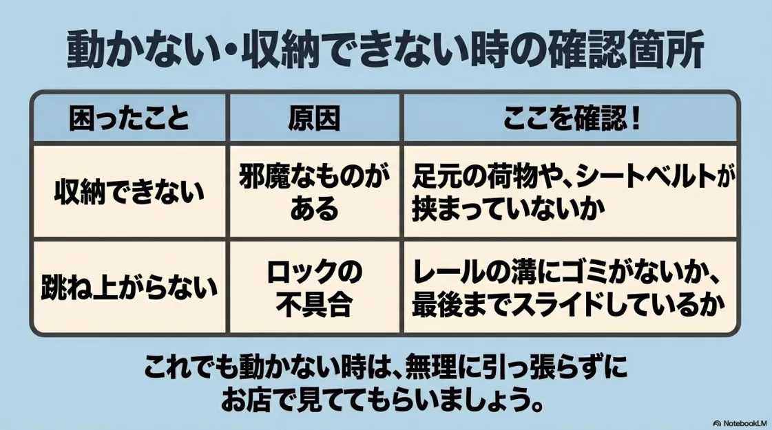 シートが動かない・収納できない時の確認箇所一覧。足元の荷物やベルトの挟まり、レールのゴミ、スライド位置のロック不具合についてのチェックリスト 。