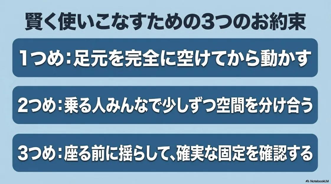 シエンタ3列目を賢く使いこなすための3つのお約束。足元を空ける、空間を分け合う、座る前に揺らして固定を確認するというまとめ 。