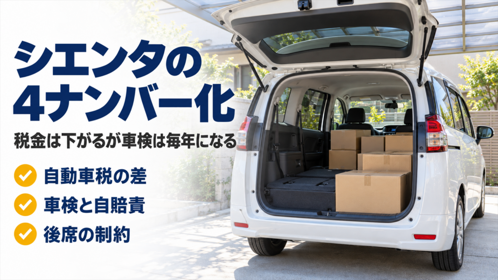 荷室に段ボールを積んだミニバンとシエンタの4ナンバー化のバナー