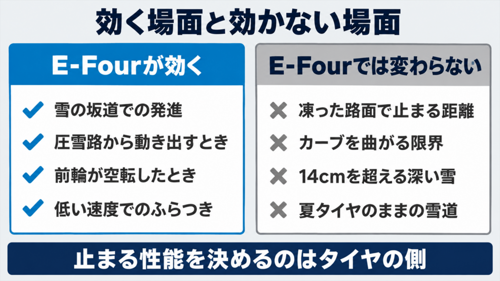 E-Fourが効く場面と効かない場面を左右のカードで並べた図