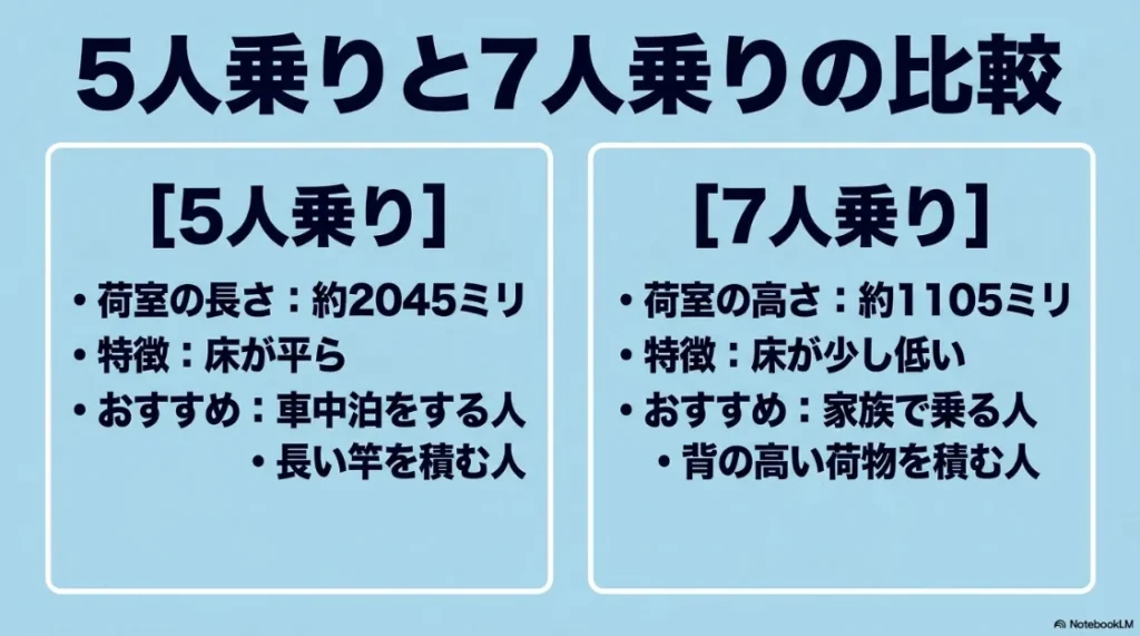 シエンタの5人乗り（荷室長2045mm・床が平ら）と7人乗り（荷室高1105mm・床が低い）の釣行スタイル別比較スライド