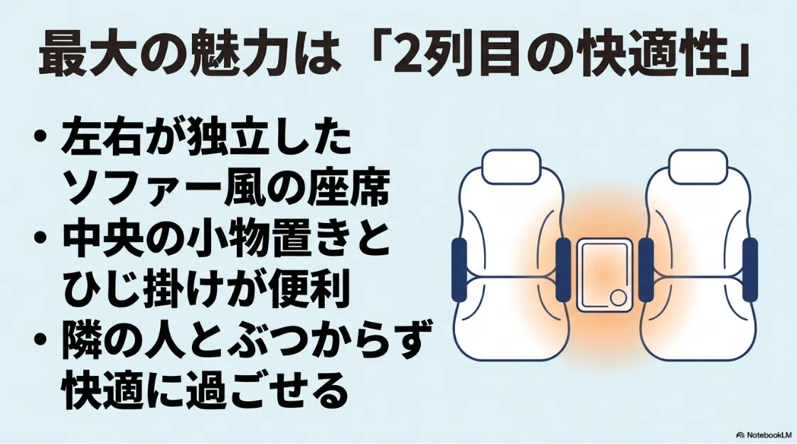左右が独立したソファー風の2列目座席と、中央の小物置き、ひじ掛けの便利さを解説したイラスト 。