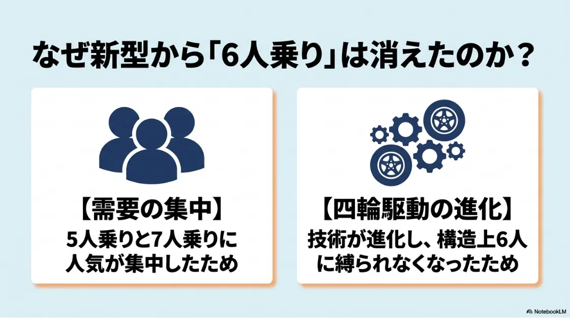 新型で6人乗りが廃止された理由。5人・7人乗りへの需要集中と、四輪駆動(4WD)技術の進化による構造上の変化を説明 。