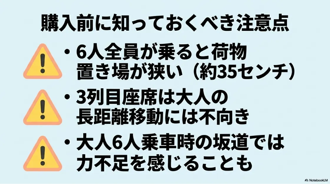 全員乗車時の荷物置き場の狭さ(約35cm)や、3列目座席、坂道でのパワー不足に関する注意点 。
