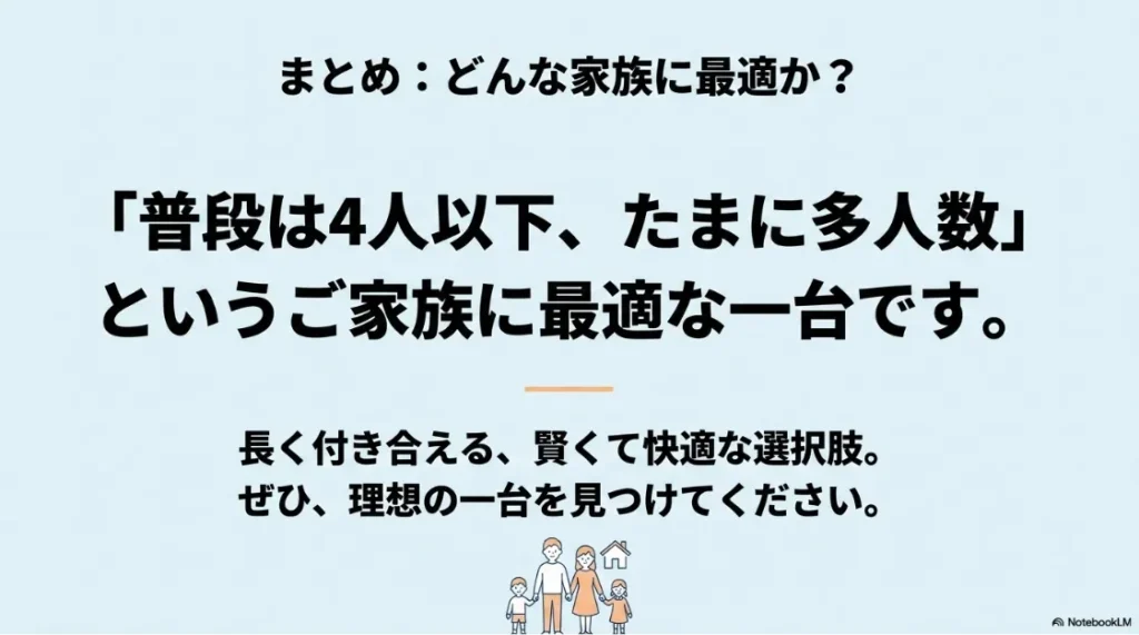 家族のイラストと共に「普段は4人以下、たまに多人数」の家族に最適で、賢くて快適な選択肢であることを示すまとめ 。