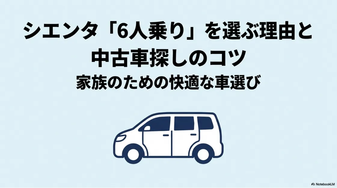 トヨタ・シエンタのイラストとともに、「シエンタ6人乗りを選ぶ理由と中古車探しのコツ、家族のための快適な車選び」と書かれたガイドの表紙スライド 。