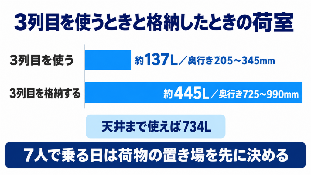 シエンタの3列目を使うときと格納したときで荷室がどう変わるかを比べた図