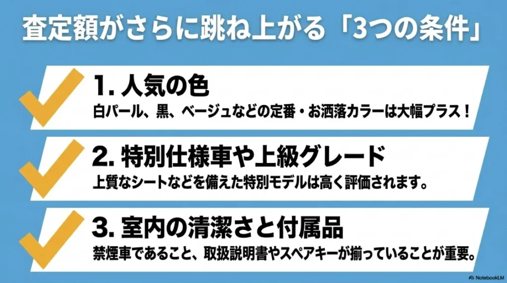査定額が跳ね上がる3つの条件。白・黒・ベージュなどの人気色、特別仕様車、禁煙車や付属品の有無