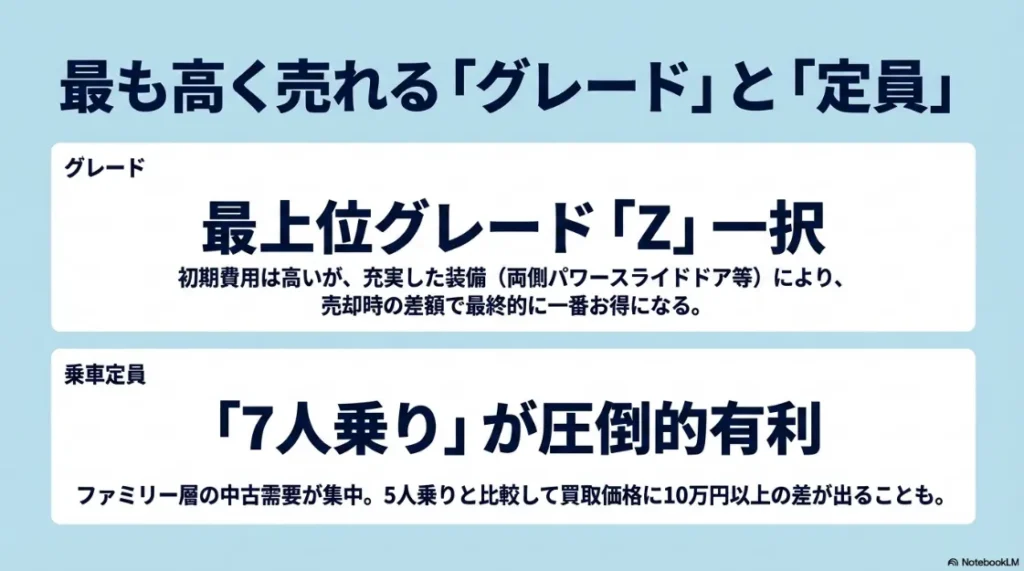リセールに有利な仕様の解説。最上位グレード「Z」と「7人乗り」が、中古車需要の高さから最もお得になることを示している。