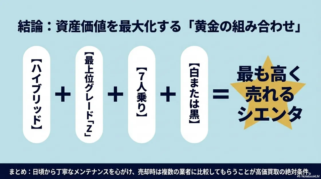 資産価値を最大化する「黄金の組み合わせ」のまとめ。ハイブリッド、Zグレード、7人乗り、白または黒の組み合わせが最高値で売れると結論付けている