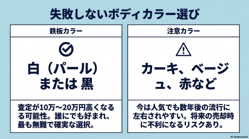 ボディカラーによる査定額の違い。白・黒は査定が10〜20万円高くなる「鉄板カラー」として紹介