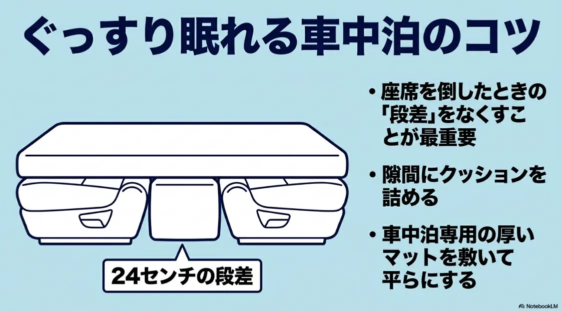 車中泊時に発生する24センチの段差を、クッションや専用マットで平らにして快眠するためのコツを紹介するスライド