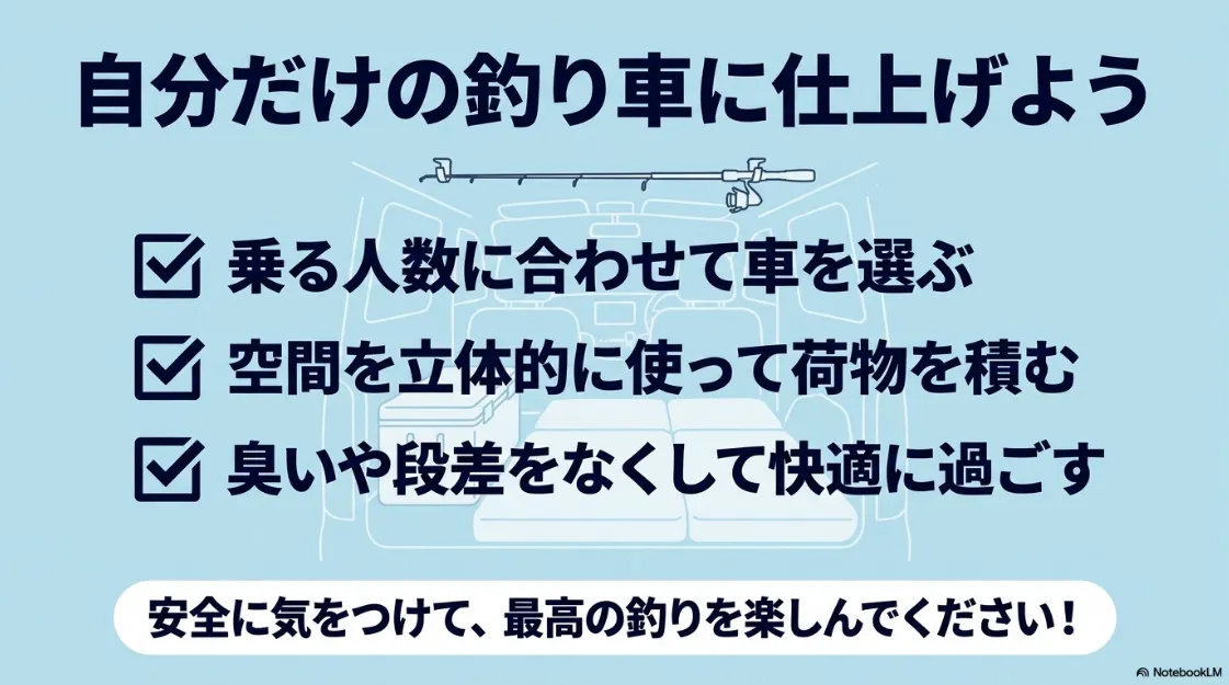 乗車人数に合わせた車選びや空間の立体利用、臭い・段差対策などのシエンタ釣り仕様まとめチェックリスト