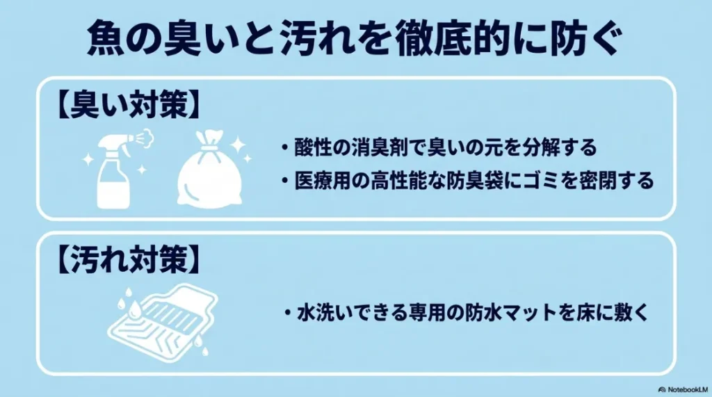 魚の臭い対策としての酸性消臭剤や防臭袋の活用、汚れを防ぐ防水マットの重要性を解説するスライド