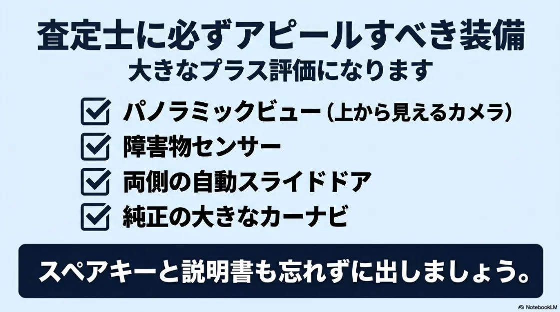 パノラミックビューや自動スライドドアなど査定士にアピールすべき純正装備リスト
