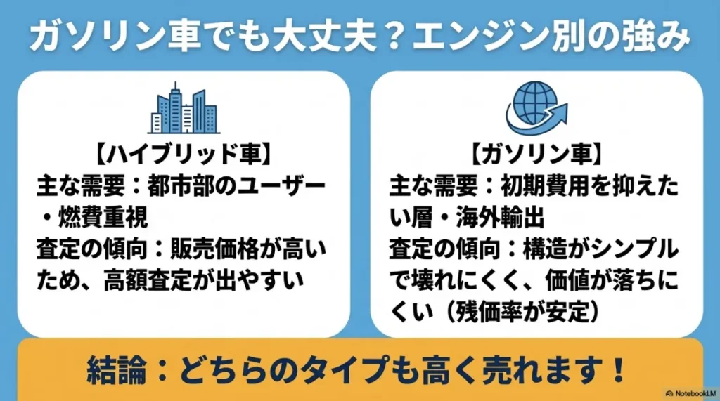 ハイブリッド車とガソリン車の査定傾向。都市部需要のハイブリッドと、海外輸出や残価率が安定しているガソリン車の比較表