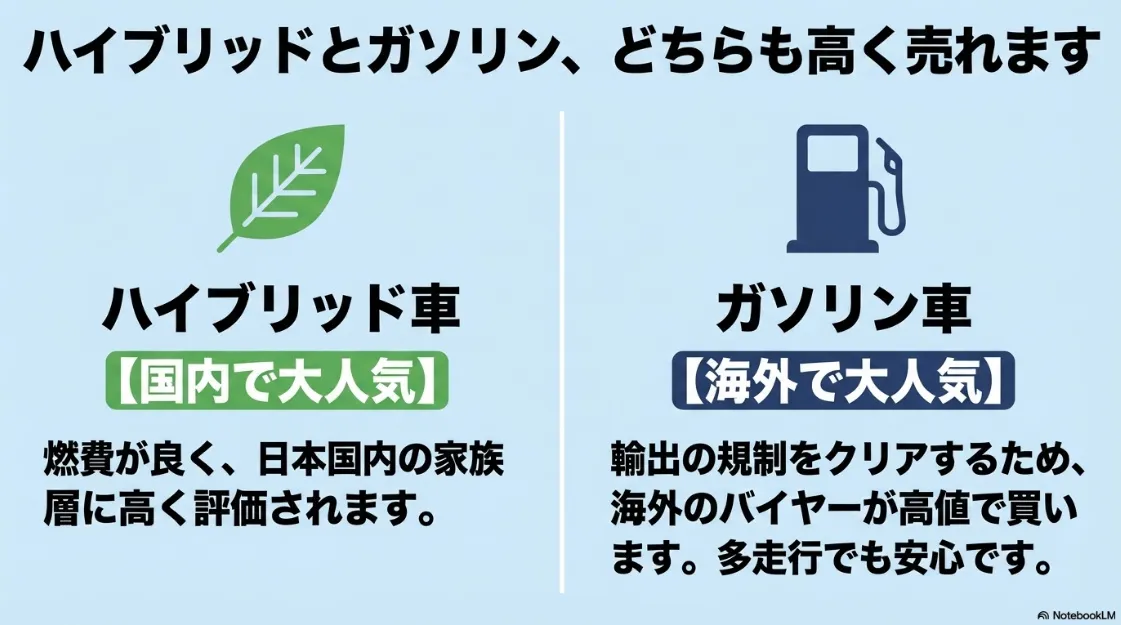 国内需要の高いシエンタハイブリッド車と海外輸出で人気のガソリン車の比較図
