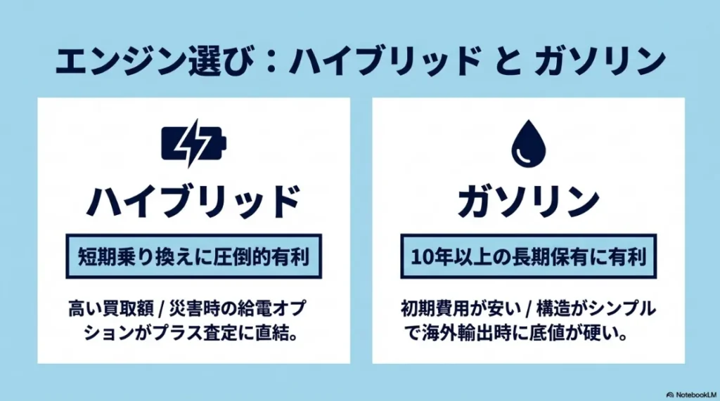 ハイブリッド車とガソリン車の比較表。ハイブリッドは短期乗り換えに有利、ガソリンは10年以上の長期保有に有利であることを説明。