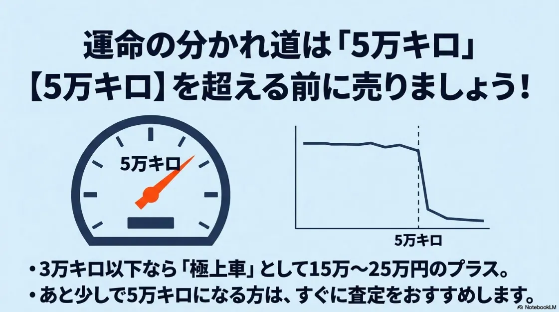 走行距離5万キロを境に査定額が大きく変動することを示すスピードメーターとグラフの図