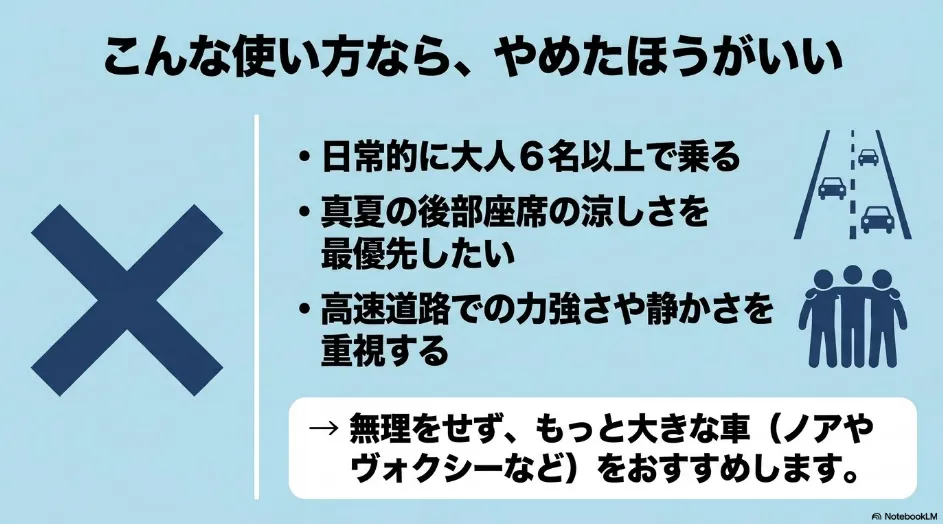 シエンタをやめたほうがよい乗車人数や走行条件を示す図