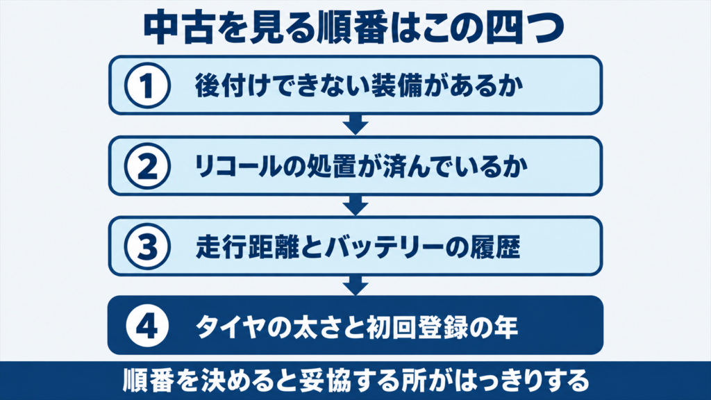 シエンタ170系の中古車を見るときに確認する4つの項目を順番に並べたチェック図