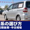 中古車店の屋外展示場に置かれたコンパクトミニバンの斜め後ろ姿