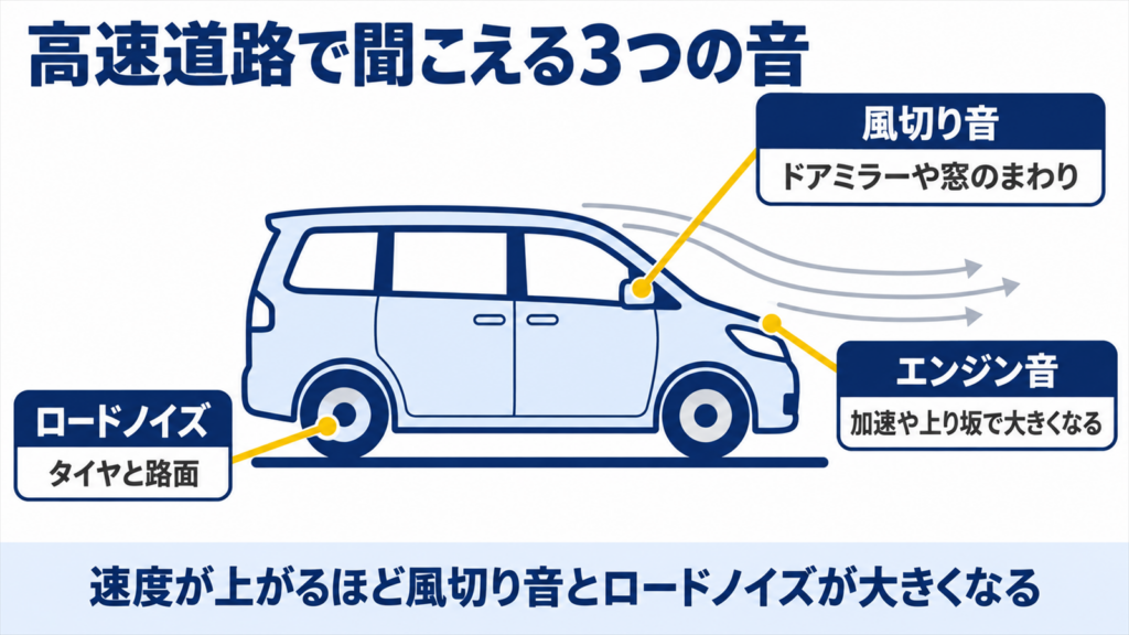 高速道路で車内に聞こえる風切り音・ロードノイズ・エンジン音の出どころを示した図