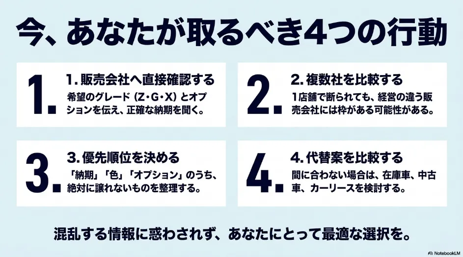 シエンタ購入時に取るべき販売会社への確認、複数社比較、優先順位整理、代替案比較の4項目