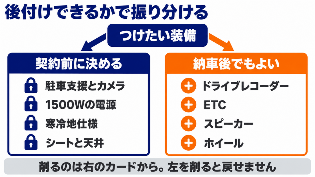 契約前に決める装備と納車後に足せる装備を分けた図
