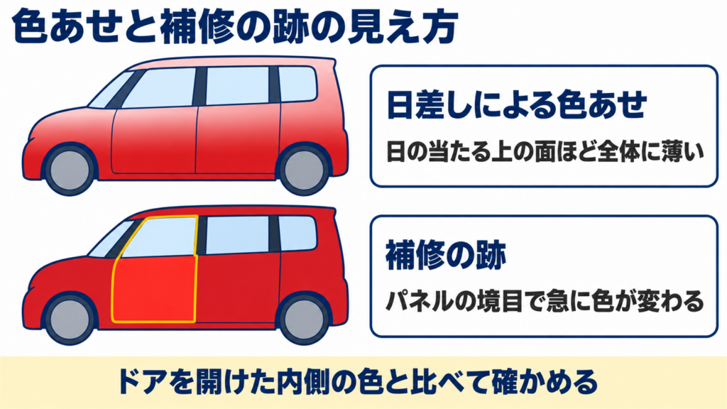 日差しによる色あせと補修の跡で色の変わり方が違うことを示した図